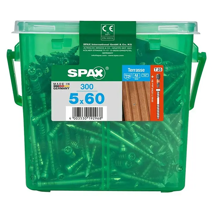 Spax T-Star plus Terrassenschraube - Ø x L: 5 x 60 mm, Edelstahl rostfrei A2, 300 Stk. - Dose mit Spax-Terrassenschrauben 5x60 mm, hergestellt in Deutschland. Ideal für den Außenbereich, rostfrei und mit T-STAR plus Bit.