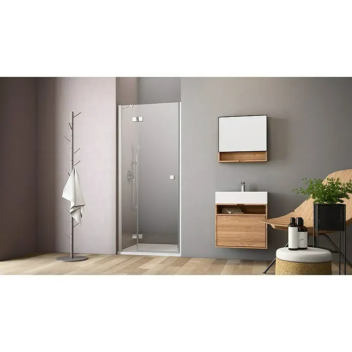 GEO Hit Nischendusche B-N300 - 90 x 200 cm, Beschichtet, Silber, 6 mm, DIN Anschlag: Links - Badezimmer mit Dusche, Waschbeckenunterschrank und Spiegel in Holzoptik. Handtuchhalter und Stuhl ergänzen das moderne Interieur.