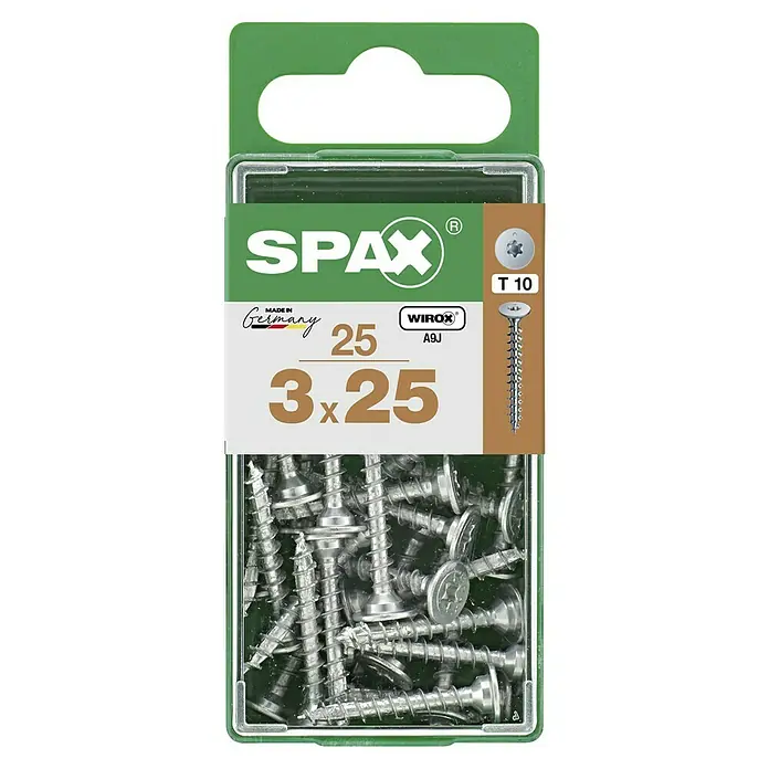 Spax Universalschraube T-STAR plus WIROX - Ø x L: 3 x 25 mm, Vollgewinde, 25 Stk., Silber - Verpackung mit 25 SPAX Schrauben 3 x 25 mm mit Senkkopf, T10 Antrieb und Wirox-Beschichtung für vielseitige Anwendungen im Innenbereich.