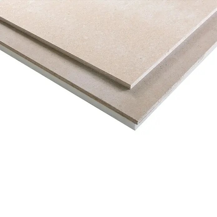 Rigips Rigidur Estrichelement PS - 1.500 x 500 x 40 mm - Zwei beigefarbene Keramikfliesen mit glatten Oberflächen und weißen Kanten, die sich für moderne Boden- oder Wandbeläge eignen.