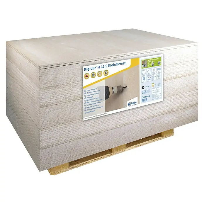 Rigips Rigidur Gipsfaserplatte 1-Mann-Platte - 1.500 x 1.000 x 12,5 mm - Palette mit Rigidur H 12,5 Kleinformat Gipsfaserplatten, ideal für den Innenausbau. Robust und vielseitig für diverse Bauprojekte.