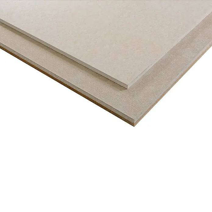 Rigips Rigidur Estrichelement HF - 1.500 x 500 x 30 mm - Nahaufnahme von zwei hellen, rechteckigen Bauplatten, die übereinander liegen und Textur und Dicke zeigen.