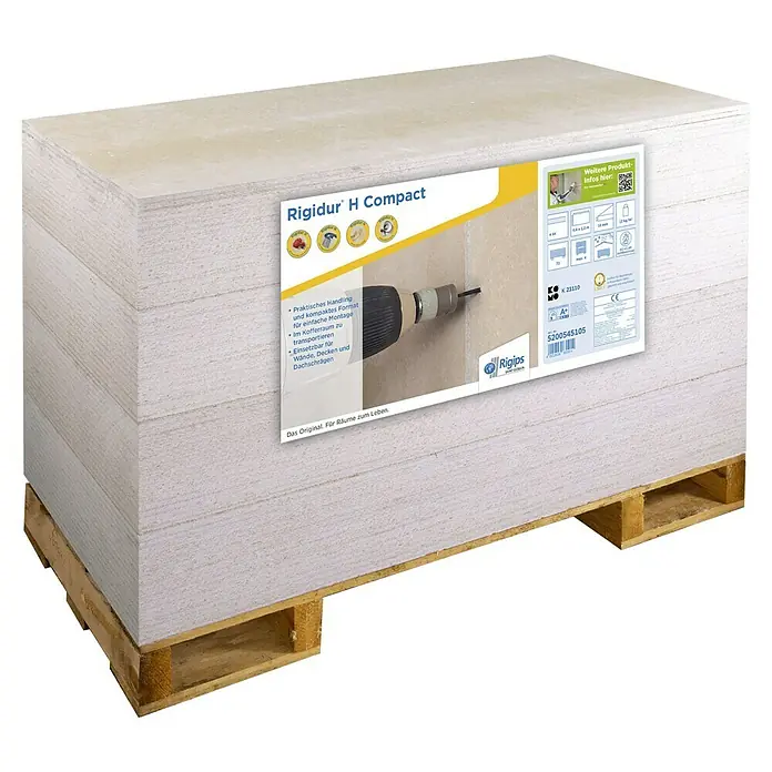 Rigips Rigidur Gipsfaserplatte 1-Mann-Platte - 1.200 x 600 mm, Stärke: 10 mm - Palette mit Rigidur H Compact Gipsfaserplatten, ideal für Wände, Decken und Dachschrägen. Praktisch und einfach zu montieren.