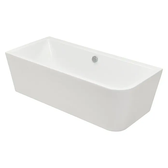 Camargue Freistehende Badewanne Buena Vista - 180 x 80 cm, Sanitäracryl, Weiß, Links - Weisse Badewanne mit abgerundeten Kanten und einem glänzenden Abflussstopfen vor schwarzem Hintergrund.
