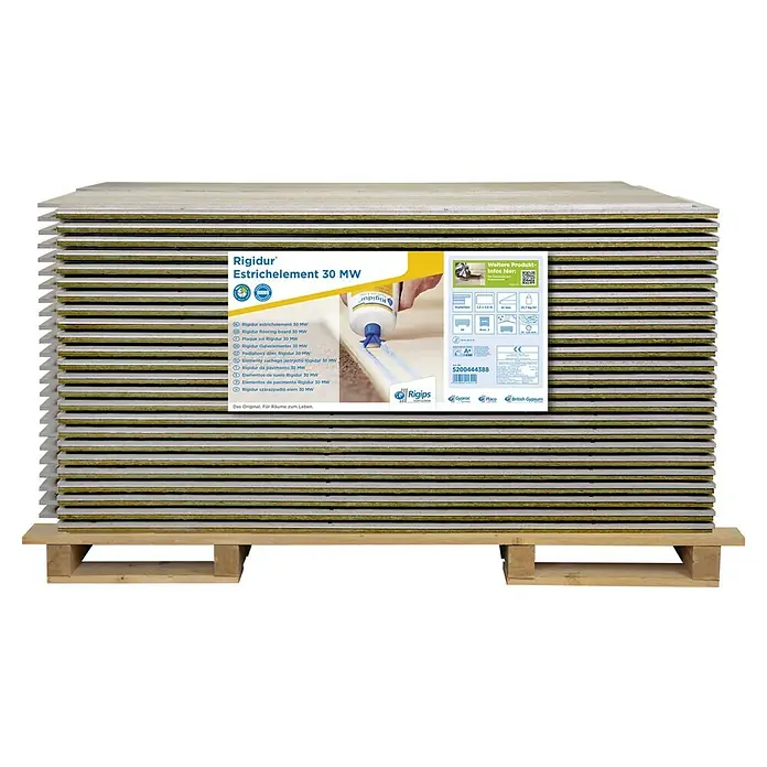 Rigips Rigidur Estrichelement MW - 1.500 x 500 x 30 mm - Palette mit Rigidur Estrichelementen 30 MW, ideal für Bodenarbeiten. Die Elemente sind stabil und einfach zu verarbeiten.