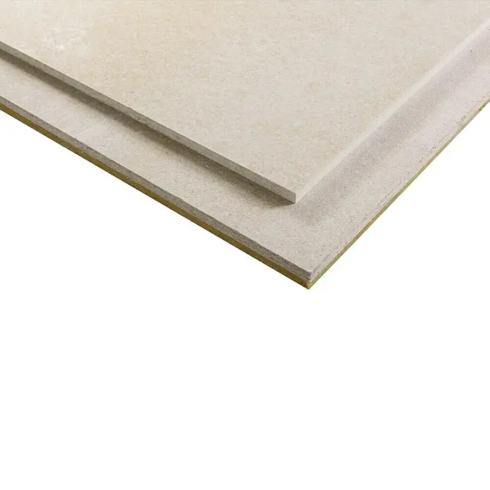 Rigips Rigidur Estrichelement MW - 1.500 x 500 x 30 mm - Nahaufnahme von zwei Gipskartonplatten mit gelber Dämmung, ideal für Bau- und Renovierungsprojekte.