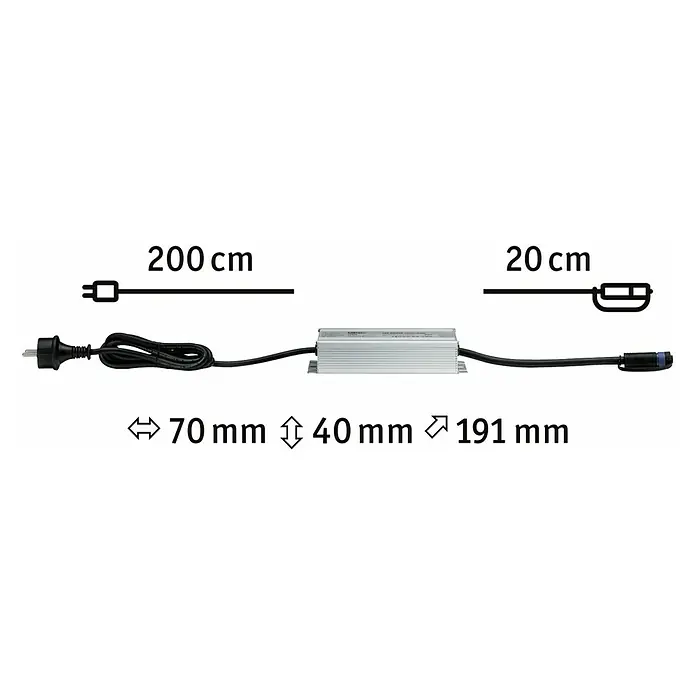 Paulmann Plug & Shine LED-Trafo - Max. Leistung: 150 W, 24 V, Silber, IP67 - Abbildung eines LED-Netzteils mit Stecker und Anschlusskabel, inklusive Maßangaben zu Länge und Abmessungen des Netzteils.