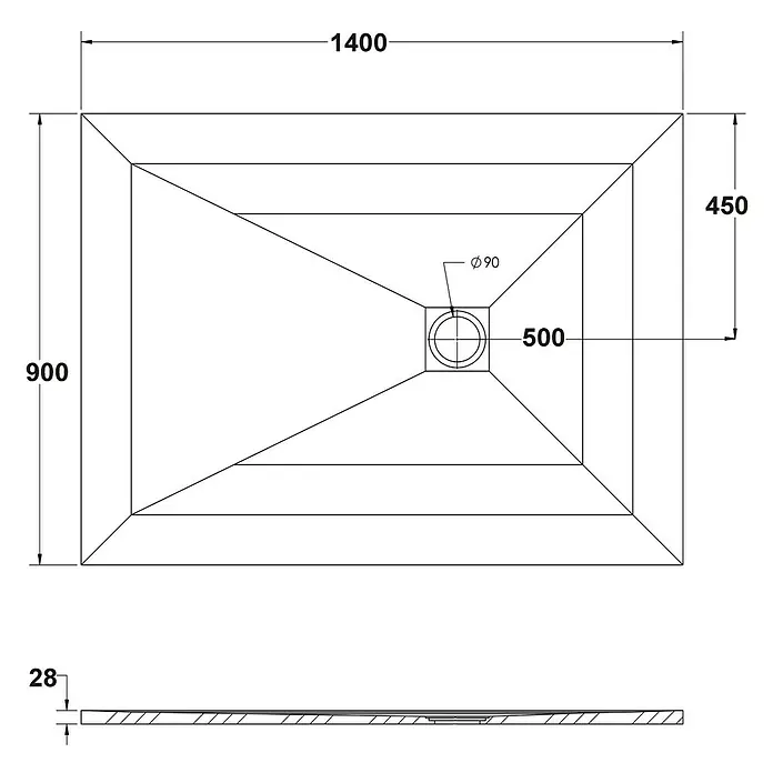 Ottofond Duschwanne Rosario - L x B: 140 x 90 cm, Anthrazit - Draufsicht und Seitenansicht einer rechteckigen Duschwanne mit Abmessungen.