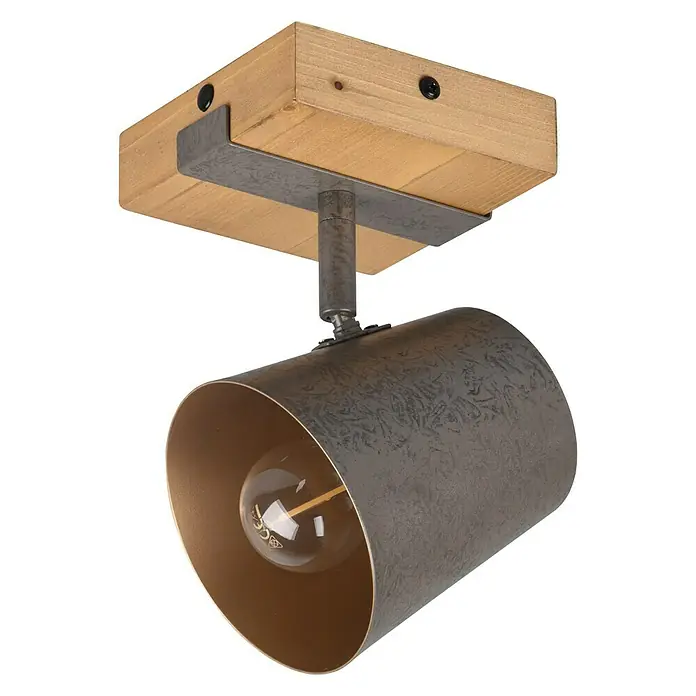 Trio Leuchten Deckenstrahler - 25 W, L x B x H: 23,2 x 11 x 11 cm, Nickel-matt, E14, 1 Stk. - Nahaufnahme einer Deckenleuchte mit Holzfuß und industriellem Lampenschirm, die ein warmes Licht ausstrahlt.