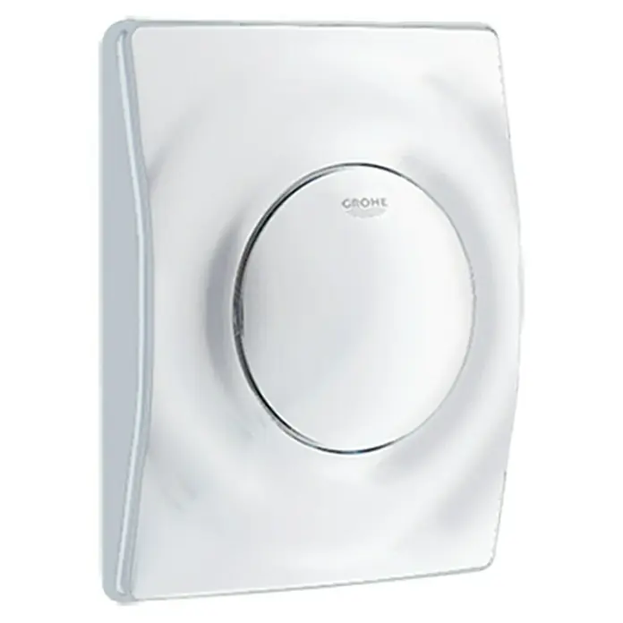 Grohe Betätigungsplatte Surf - Alpinweiß/Beton/Chrom, Kunststoff - Nahaufnahme einer GROHE Betätigungsplatte in glänzendem Chrom, modernes Design für Spülkästen.