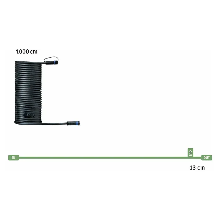 Paulmann Plug & Shine Verbindungskabel - 10 m, 2 Anschlüsse, IP68 - Produktbild eines schwarzen Kabels mit Steckern an beiden Enden, einmal aufgerollt und einmal in voller Länge dargestellt.