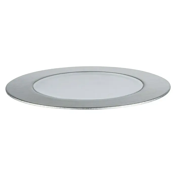 Paulmann Plug & Shine LED-Gartenspot Floor Eco - 1,3 W, Durchmesser: 7 cm, 24 V, IP65, Silber - Nahaufnahme eines eleganten silbernen Platztellers mit einem weißen Spiegel, ideal für gehobene Tischdekorationen.