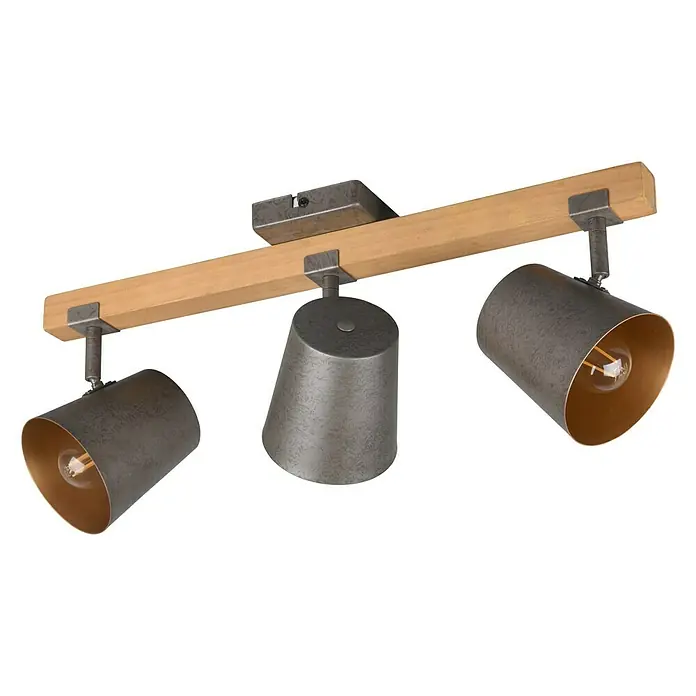 Trio Leuchten Deckenstrahler - 75 W, L x B x H: 14,5 x 54 x 23,2 cm, Nickel-matt, E14, 3 Stk. - Deckenleuchte mit drei Strahlern in Grau und Goldoptik an einem Holzträger. Das Leuchtendesign ist modern und rustikal zugleich.