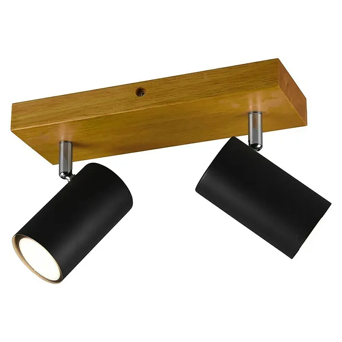 Trio Leuchten Marley Deckenstrahler - 70 W, L x B x H: 9 x 26 x 16 cm, Schwarz, GU10, 2 Stk. - Moderne Deckenleuchte mit Holzsockel und zwei schwarzen, verstellbaren Strahlern für gezielte Beleuchtung.