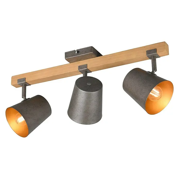 Trio Leuchten Deckenstrahler - 75 W, L x B x H: 14,5 x 54 x 23,2 cm, Nickel-matt, E14, 3 Stk. - Drei-flammige Deckenleuchte mit rustikalem Holzträger und industriell anmutenden Lampenschirmen.