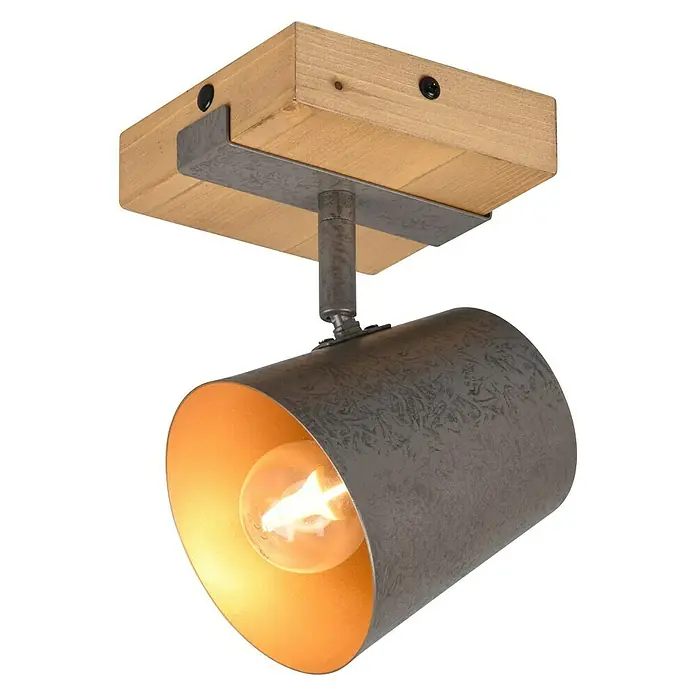 Trio Leuchten Deckenstrahler - 25 W, L x B x H: 23,2 x 11 x 11 cm, Nickel-matt, E14, 1 Stk. - Diese Aufnahme zeigt eine stilvolle Spotleuchte mit einer Holzbasis und einem industriellen Lampenschirm. Das Licht strahlt warm und einladend.