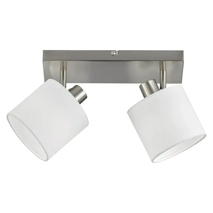 Reality Leuchten Tommy Deckenstrahler - 56 W, L x B x H: 17,6 x 28 x 19 cm, Nickel-matt, E14, 2 Stk. - Moderne Deckenleuchte mit zwei weißen Stoffschirmen und gebürstetem Metallsockel, ideal für stilvolle Beleuchtung in jedem Raum.