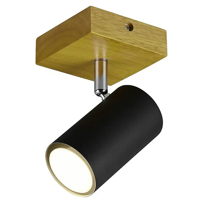 Trio Leuchten Marley Deckenstrahler - 15 W, L x B x H: 12 x 9 x 16 cm, Schwarz, GU10, 1 Stk. - Moderne Deckenleuchte mit einem quadratischen Holzsockel und einem verstellbaren, zylinderförmigen, schwarzen Strahler für gezielte Beleuchtung.