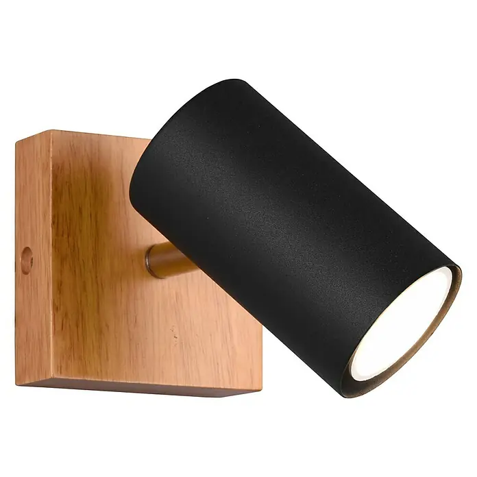 Trio Leuchten Marley Deckenstrahler - 15 W, L x B x H: 12 x 9 x 16 cm, Schwarz, GU10, 1 Stk. - Moderne Wandleuchte mit einem schwarzen Lampenschirm und einem Holzsockel, die ein warmes Licht ausstrahlt.