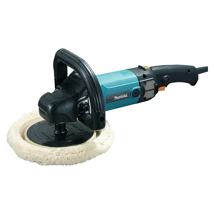 Makita Poliermaschine 9237CB - 1.200 W, Durchmesser Polierteller: 180 mm - Nahaufnahme einer Poliermaschine von Makita mit einem weißen Polieraufsatz. Ideal für die professionelle Fahrzeugpflege und Lackaufbereitung.