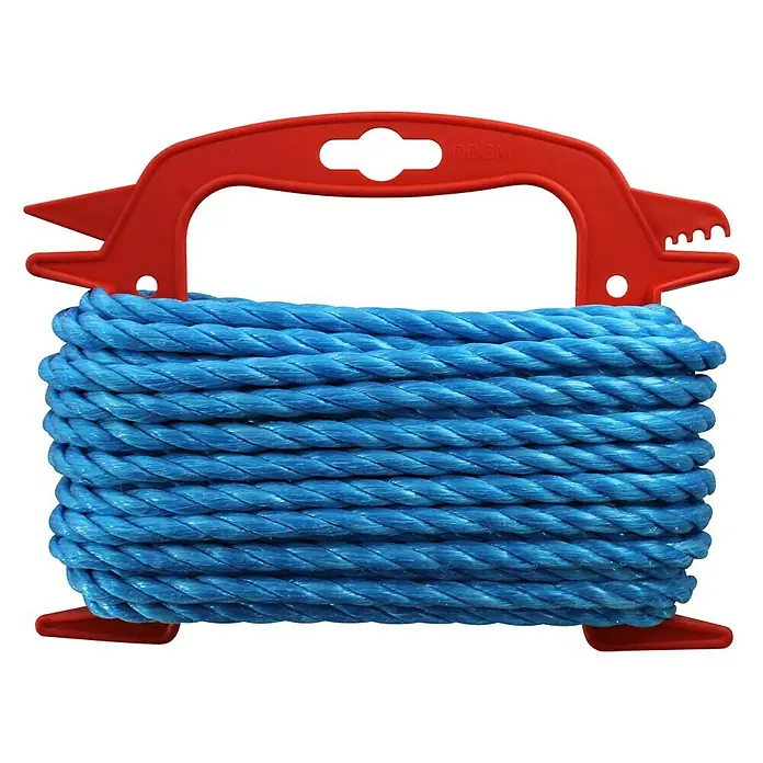 Stabilit PP-Seil - Ø x L: 8 mm x 10 m, Polypropylen, Blau, 3-schäftig gedreht - Auf einer roten Halterung aufgewickelte blaue Polypropylen-Mehrzweckseilrolle zur einfachen Verwendung und Lagerung.
