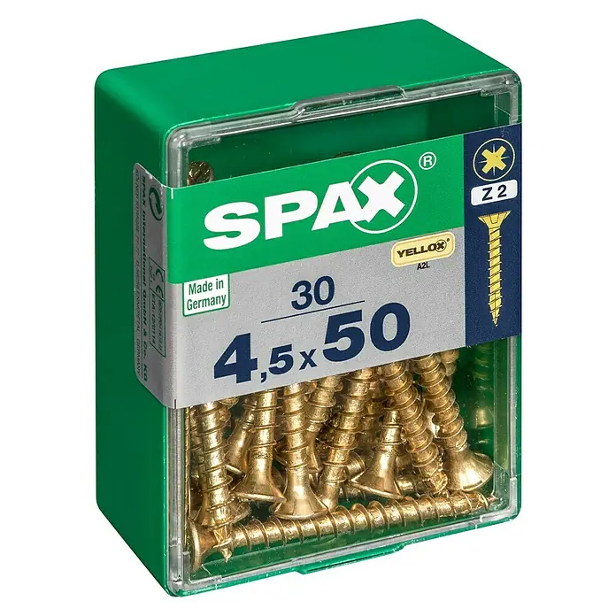 Spax Universalschraube - 4,5 x 50 mm, Vollgewinde, 30 Stk. - Box mit Spax Universalschrauben 4,5 x 50 mm, ideal für Holzverbindungen. In Deutschland hergestellt, mit Yellox A2L Beschichtung für erhöhten Korrosionsschutz.
