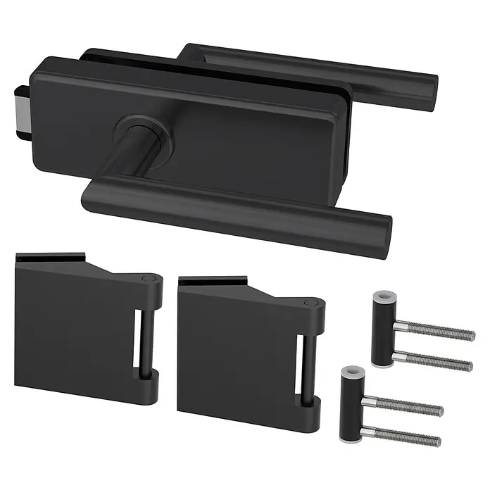 Diamond Doors Black Edition Glastürbeschlag Style Premium UV - Schwarz, Bandbohrung/Bänder: Office 3-teilig, Unverschließbar - Schwarzer Türgriff für Glastüren, zusammen mit Scharnieren und Befestigungselementen. Ideal für moderne Inneneinrichtungen.