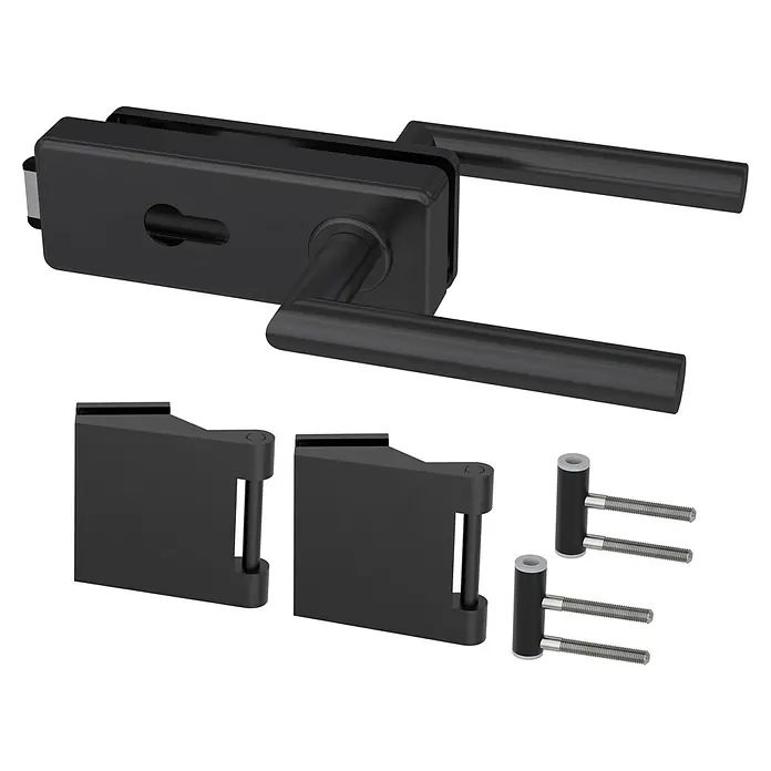 Diamond Doors Black Edition Glastürbeschlag Style Premium PZ - Schwarz, Bandbohrung/Bänder: Office 3-teilig, Verschließbar - Schwarzes Türschloss-Set mit Griffen, Scharnieren und Schrauben für eine moderne Türinstallation.