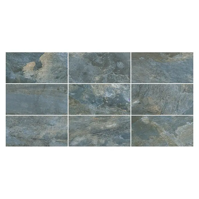 Decocer by Cinca Feinsteinzeugfliese Splash Azul - 30 x 60 cm, Blaugrau, Matt - Das Bild zeigt eine Nahaufnahme von neun grauen und braunen Schieferfliesen mit einzigartigen Texturen, die sich ideal für Boden- oder Wandbeläge eignen.