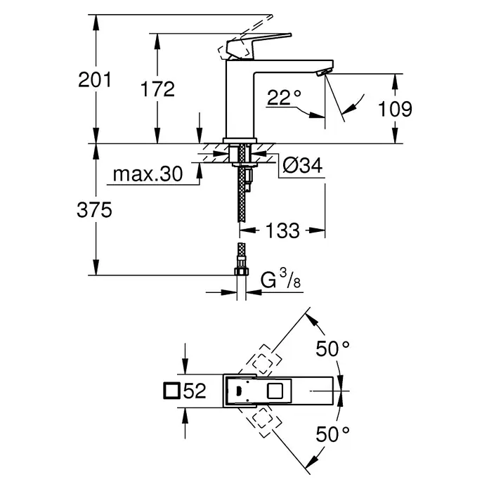 Grohe Eurocube Waschtischarmatur M-Size - Ohne Zugstange, Chrom, Glänzend - Technische Zeichnung einer Armatur mit Maßangaben zu Höhe, Ausladung und Anschlüssen.
