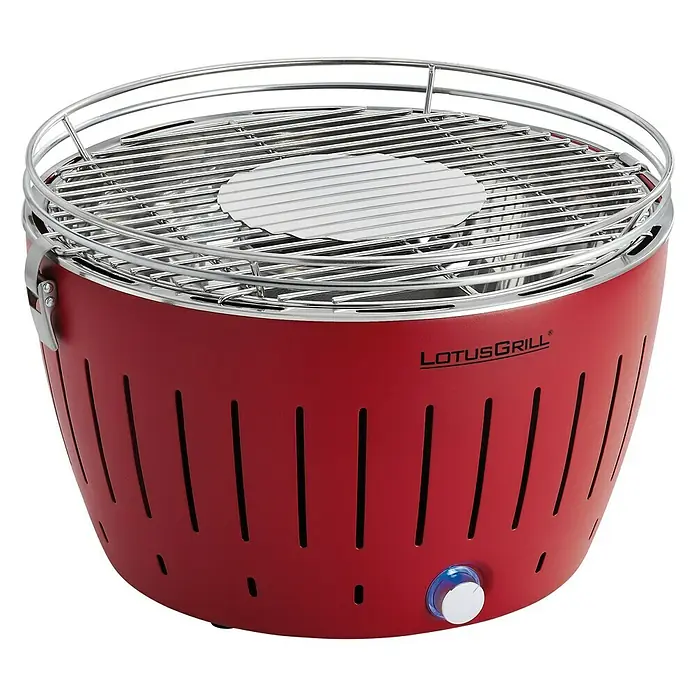 LotusGrill Holzkohlegrill Classic - Durchmesser Grillfläche: 34 cm, Feuerrot - Roter LotusGrill mit Grillrost und runder Platte, ideal für gemütliche Grillabende im Freien.
