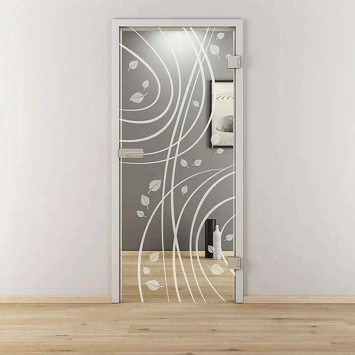 Diamond Doors Glasdrehtür 547834 x 1.972 mm, DIN Anschlag: Rechts, Klarglas - Dekorativ gestaltete Glastür mit weißem Rahmen und Blattmuster für moderne Innenräume.