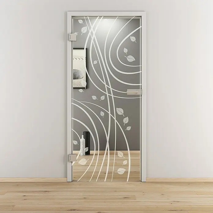 Diamond Doors Glasdrehtür 547 - 709 x 1.972 mm, DIN Anschlag: Links, Klarglas - Bild einer eleganten Glastür mit einem dekorativen Blattmuster, das dem Raum eine moderne und stilvolle Note verleiht.