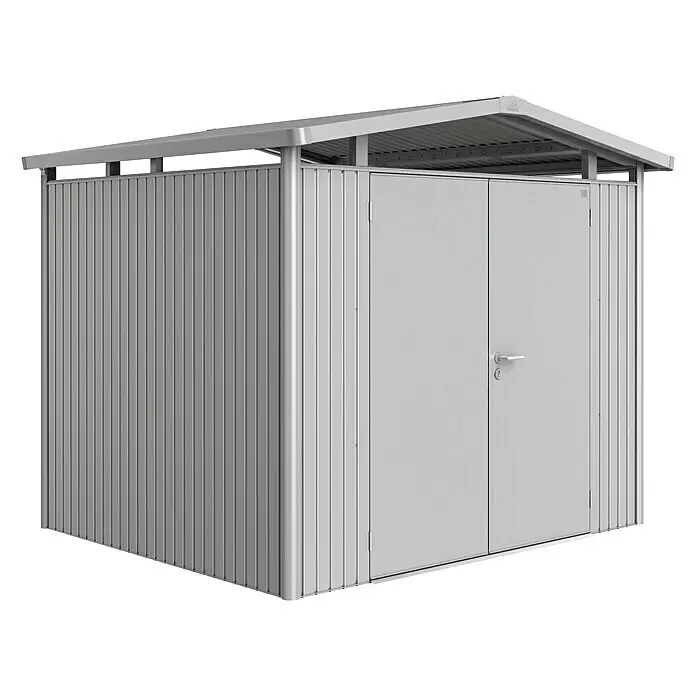 Biohort Panorama Gerätehaus Panorama P3 - Außenmaß inkl. Dachüberstand (B x T): 273 x 238 cm, Stahl, Silber Metallic, Doppeltür - Silbernes Metall-Gartenhaus mit Doppeltüren und Pultdach.