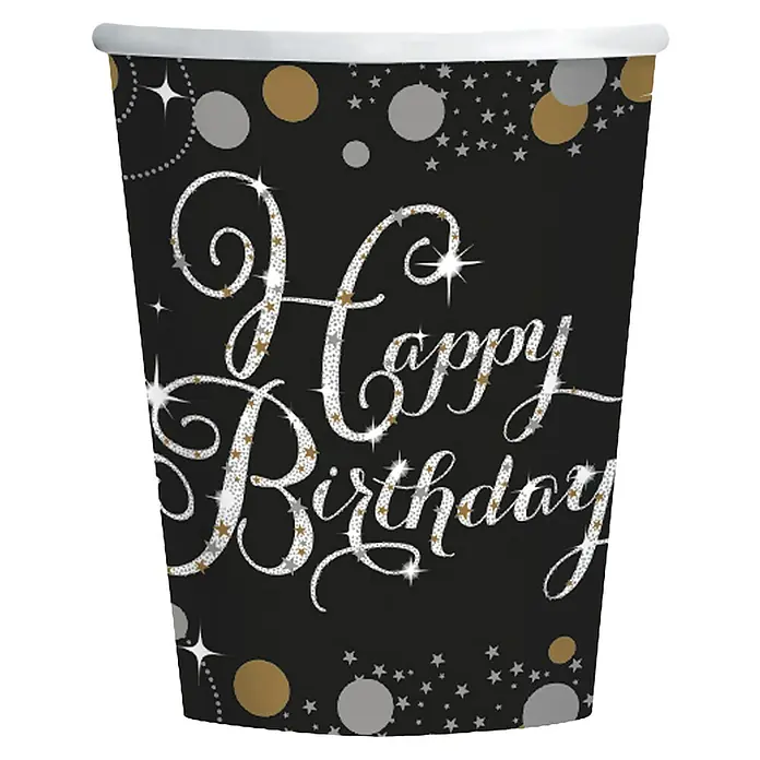 Pappbecher - 8 Stk., Happy Birthday, 250 ml - Dieser Partybecher mit der Aufschrift "Happy Birthday" ist ideal für Geburtstagsfeiern und bringt festliche Stimmung auf den Tisch.