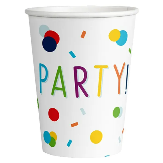 Einwegbecher - 250 ml, Naturmaterialien, Confetti, 8 Stk. - Partybecher mit bunten Konfetti und dem Wort "PARTY!". Perfekt für jede Feier und ein echter Hingucker auf dem Tisch.