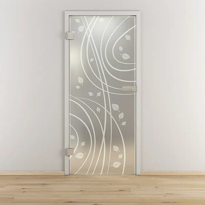 Diamond Doors Glasdrehtür 547 - 709 x 1.972 mm, DIN Anschlag: Links, Milchglas - Elegante Glastür mit weißem Blattmuster. Die Tür verfügt über einen Rahmen und einen modernen Griff.