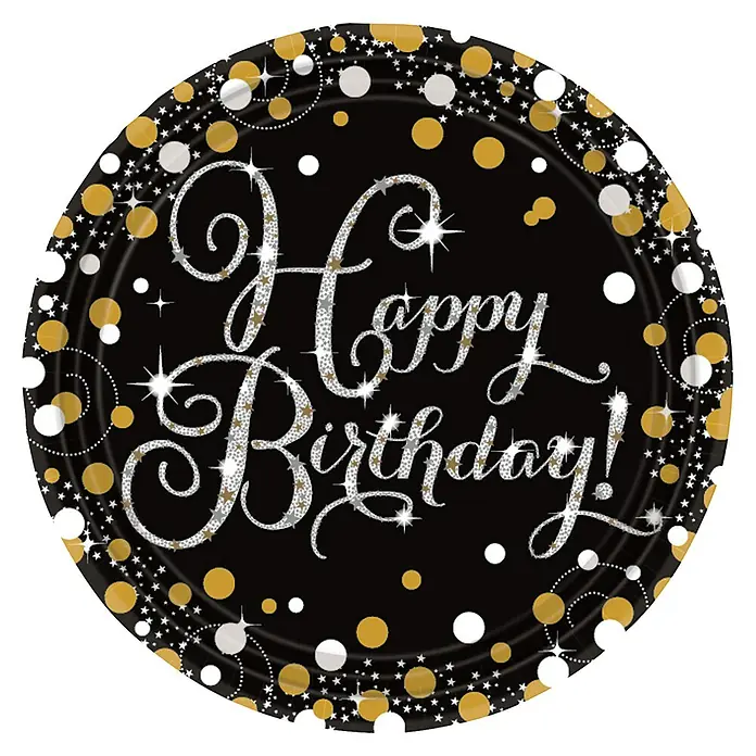 Einwegteller - Durchmesser: 23 cm, Naturmaterialien, Happy Birthday, 8 Stk. - Schwarzer Pappteller mit der Aufschrift "Happy Birthday" in silberner Schrift, umrandet von goldenen und silbernen Punkten und Sternen.