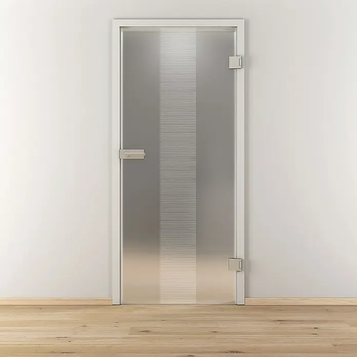 Diamond Doors Glasdrehtür 557 - 709 x 1.972 mm, DIN Anschlag: Rechts, Milchglas - Eine elegante Glastür mit satiniertem Streifen-Design, perfekt für moderne Innenräume, die Lichtdurchlässigkeit und Privatsphäre vereint.