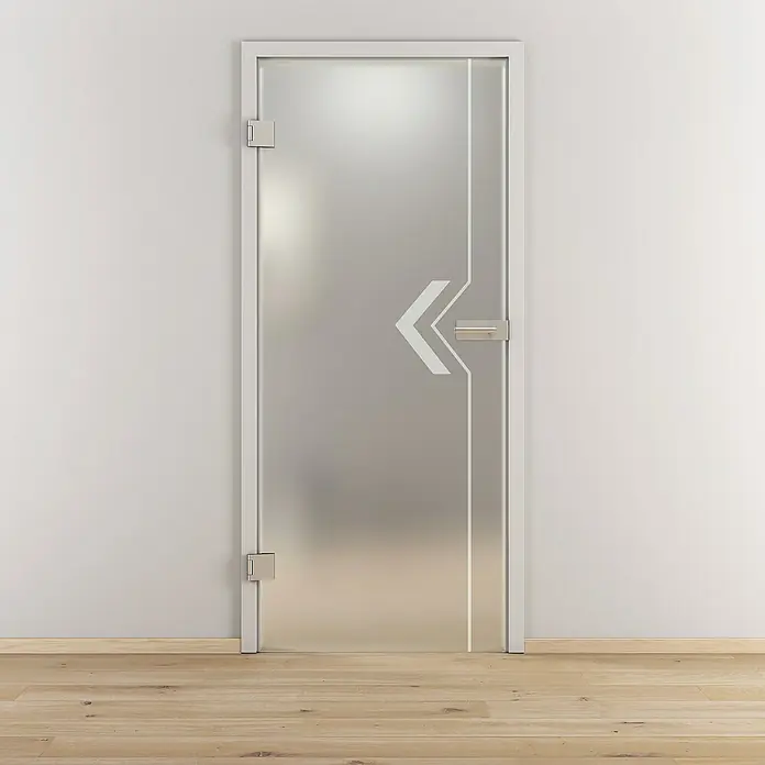 Diamond Doors Glasdrehtür 599 - 834 x 1.972 mm, DIN Anschlag: Links, Milchglas - Elegante Glastür mit Pfeil-Design. Die moderne Tür mit satiniertem Glas ist ideal für Büro- und Wohnräume und bietet Privatsphäre.