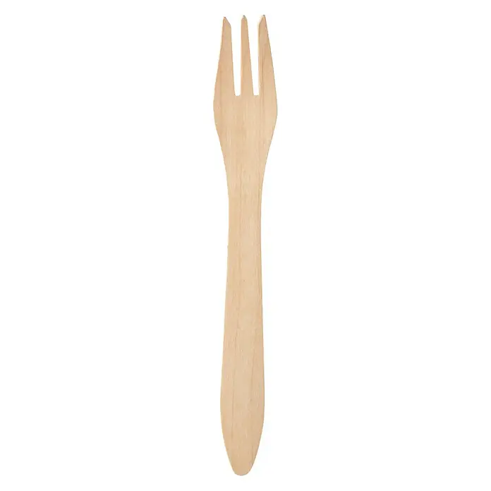 Duni Holzgabel - Birkenholz, 10 Stk. - Nahaufnahme einer Gabel aus Holz, ideal für umweltfreundliches Geschirr. Die helle Holzstruktur und die klare Form machen sie zu einem Hingucker.