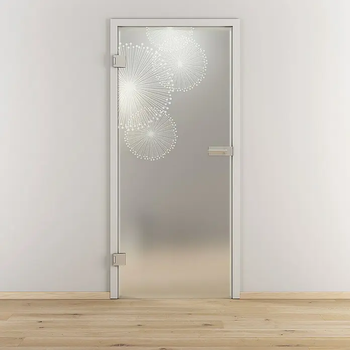 Diamond Doors Glasdrehtür 507 - 709 x 1.972 mm, DIN Anschlag: Links, Milchglas - Eine moderne Glastür mit einem stilvollen Dandelions-Design. Sie bietet eine elegante Ergänzung für jeden Raum.