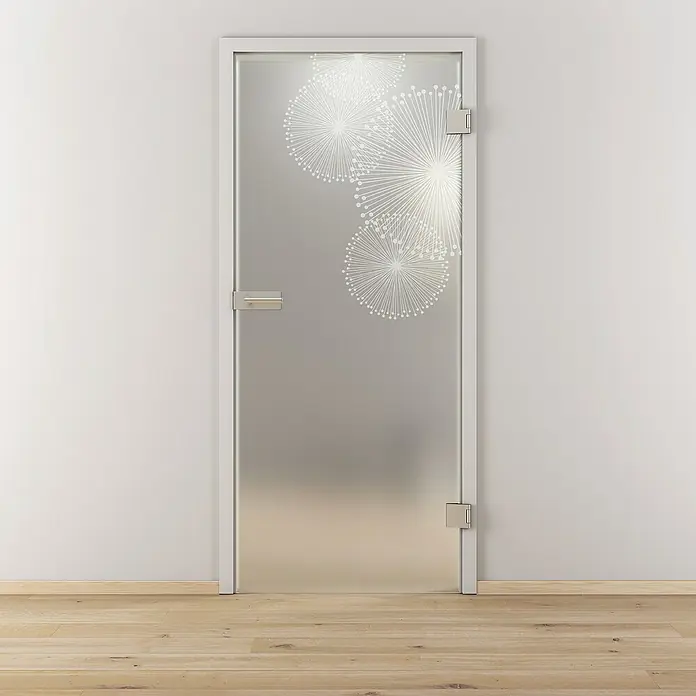 Diamond Doors Glasdrehtür 507 - 709 x 1.972 mm, DIN Anschlag: Rechts, Milchglas - Moderne Glastür mit floralem Muster. Die Tür verfügt über einen silbernen Rahmen und Griff, passend zu jeder Inneneinrichtung.