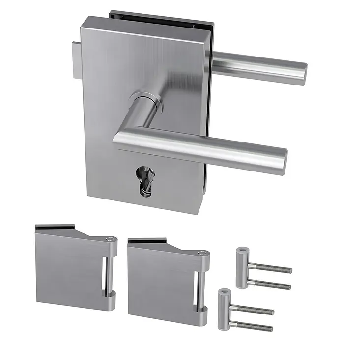 Diamond Doors Glastürbeschlag Quattro - Edelstahl matt, Bandbohrung/Bänder: Office 3-teilig, DIN Anschlag: Rechts - Türdrückergarnitur mit Schloss und passenden Glasbeschlägen aus gebürstetem Edelstahl für Glastüren.