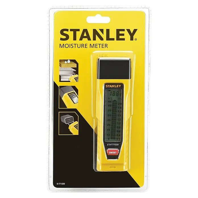 Stanley Feuchtigkeitsmessgerät - Geeignet für: Baumaterialien/Holz - Verpackter Stanley Feuchtigkeitsmesser, ein Werkzeug zur Messung des Feuchtigkeitsgehalts in Holz und Baumaterialien.