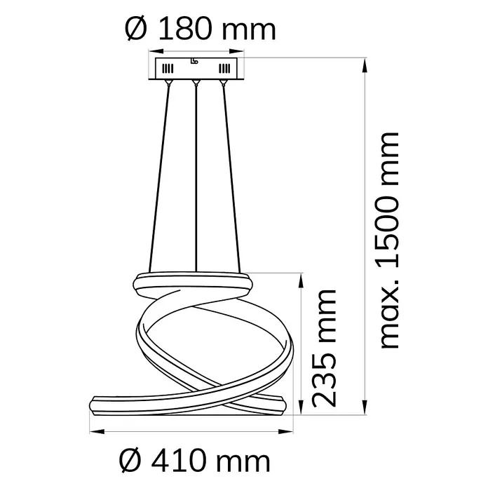 WOFI Tess Pendelleuchte - 32 W, L x B x H: 41 x 41 x 150 cm, Weiß - Dimensionszeichnung der dekorativen LED-Pendelleuchte mit spiralförmigem Design, Durchmesser 410 mm, Höhe 235 mm und max. Länge 1500 mm.