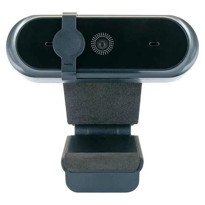 Schwaiger Kamera Webcam - 30 Bilder pro Sekunde, Schwarz - Nahaufnahme einer Webcam mit Objektivabdeckung für Privatsphäre und flexibler Montage für Computer oder Laptop.