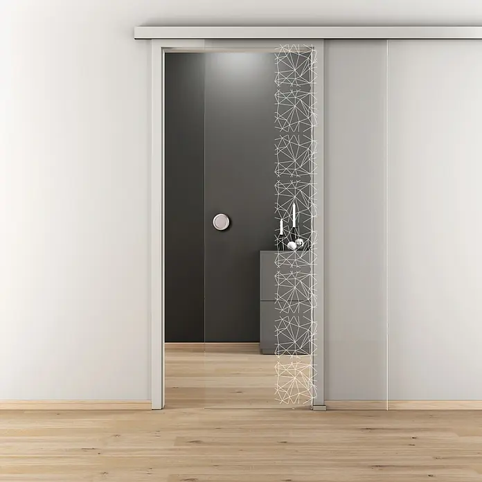 Diamond Doors Glasschiebetür 504 - 935 x 2.058 mm, Einscheibensicherheitsglas (ESG), Klarglas - Eine moderne Glasschiebetür mit geometrischem Muster, die einen stilvollen Durchgang zwischen Räumen schafft.