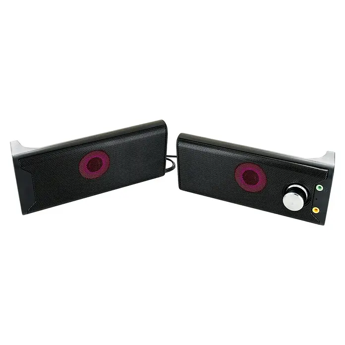 Schwaiger Soundbar teilbar - Bluetooth, 6 W, Schwarz - Nahaufnahme eines Paars schwarzer PC-Lautsprecher mit violetten Akzenten. Das Set verfügt über einen Lautstärkeregler und Audioanschlüsse.