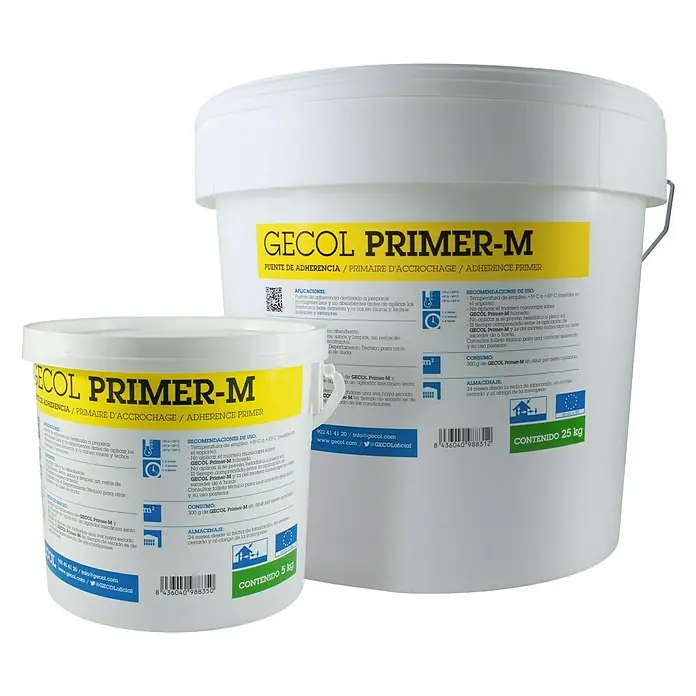 Gecol Imprimación adhesiva Primer - M - 5 kg, Idoneidad de material: Hormigón - Dos cubos de puente de adherencia/imprimación GECOL Primer-M, de 5 kg y 25 kg.